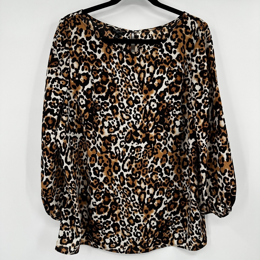Talbots‎ Plus Leopard Print Blouse 1X Brown Black Animal Print 3/4 Sleeve Top